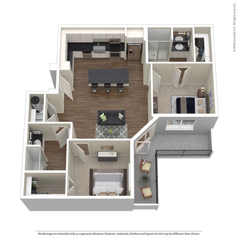 A floor plan of a two-story apartment with a living room, kitchen, and bedrooms.